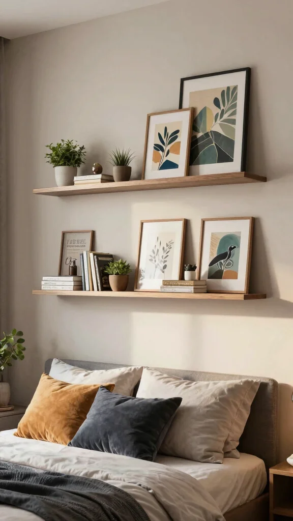 14 Wall Art Bedroom Ideas to Make Your Space Feel More Personal - 10. Floating Shelves with Art 1