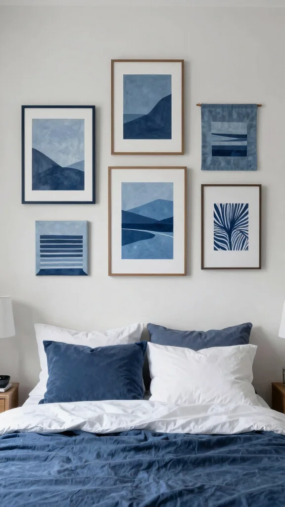 14 Wall Art Bedroom Ideas to Make Your Space Feel More Personal - 9. Monochromatic Art Display 1