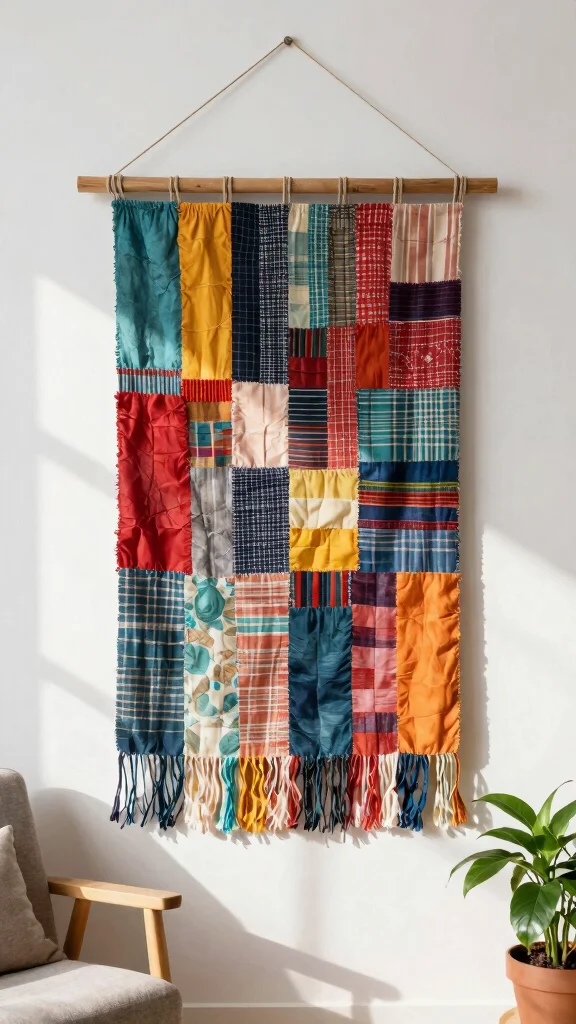 15 DIY Wall Art Ideas That Are Easy and Beautiful to Make - 1. Upcycled Fabric Wall Hangings 1