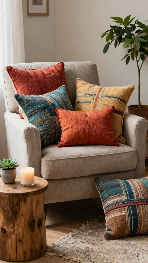 15 Living Room Throw Pillow Ideas for Color, Texture, and Comfort - 1. Recycled Fabric Wonders 1