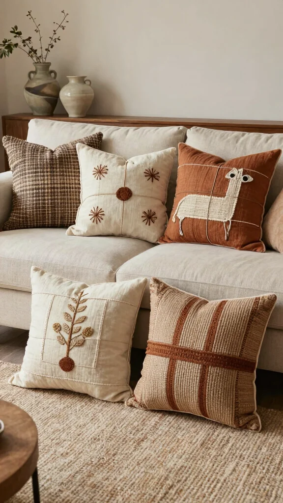 15 Living Room Throw Pillow Ideas for Color, Texture, and Comfort - 10. Handmade Artisanal Creations 1