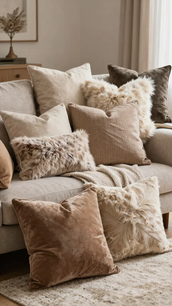 15 Living Room Throw Pillow Ideas for Color, Texture, and Comfort - 13. Layering with Different Textures 1