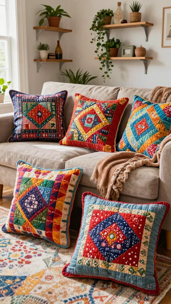 15 Living Room Throw Pillow Ideas for Color, Texture, and Comfort - 4. Colorful Kantha Quilted Pillows 1