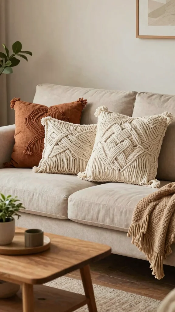 15 Living Room Throw Pillow Ideas for Color, Texture, and Comfort - 6. Bold Macrame Details 1