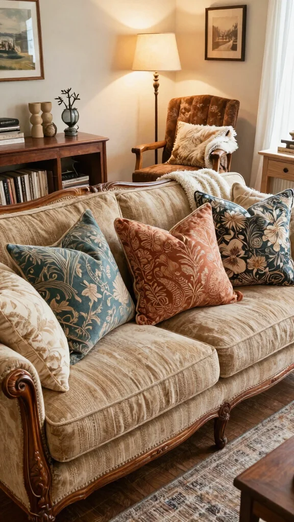 15 Living Room Throw Pillow Ideas for Color, Texture, and Comfort - 9. Vintage Finds and Reupholstery 1
