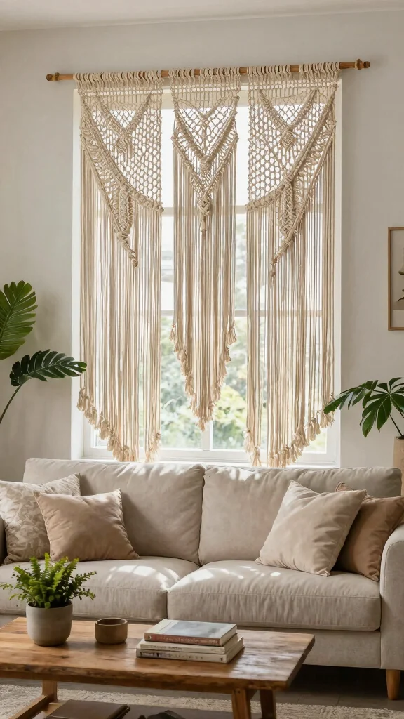 15 Living Room Window Treatment Ideas for a More Finished Space - 6. Macramé Window Hangings 1