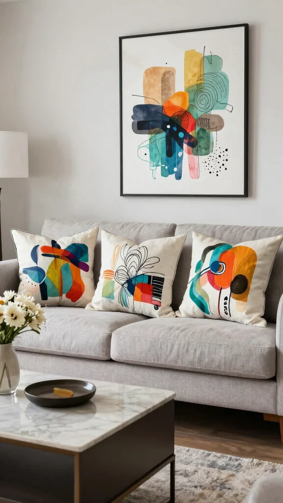 15 Throw Pillow Couch Ideas for Modern and Cozy Living Rooms - 9. Artistic Prints 1