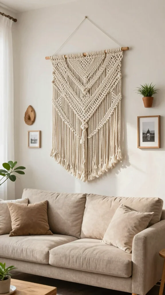 15 Wall Art Living Room Ideas for a Cozy and Polished Space - 1. Layered Textures with Macramé 1