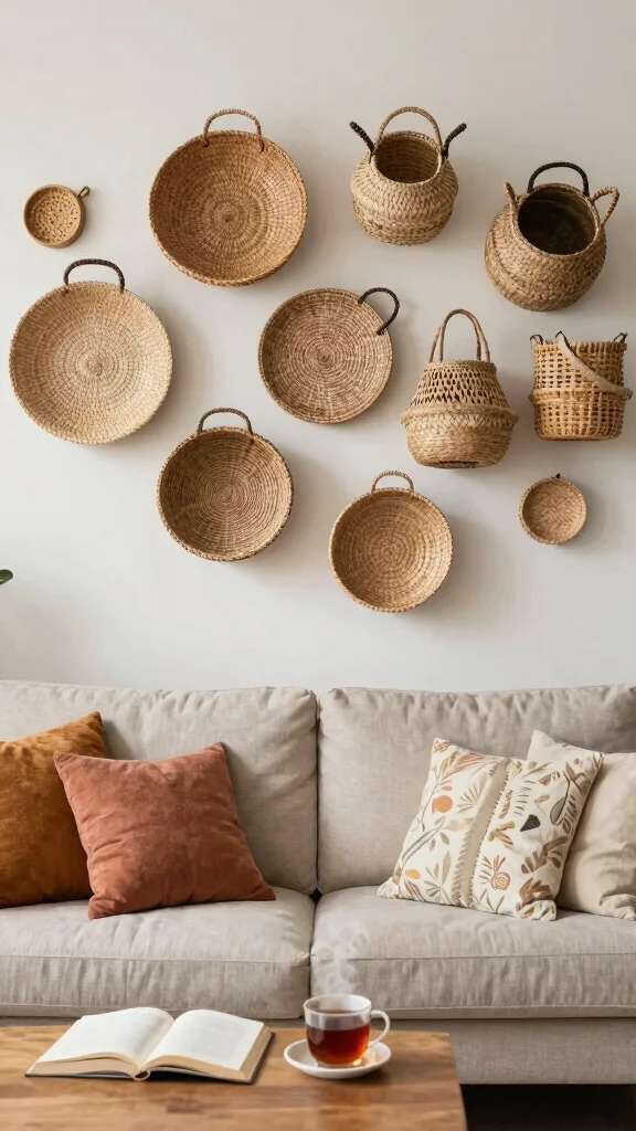 15 Wall Art Living Room Ideas for a Cozy and Polished Space - 3. Woven Wall Baskets 1